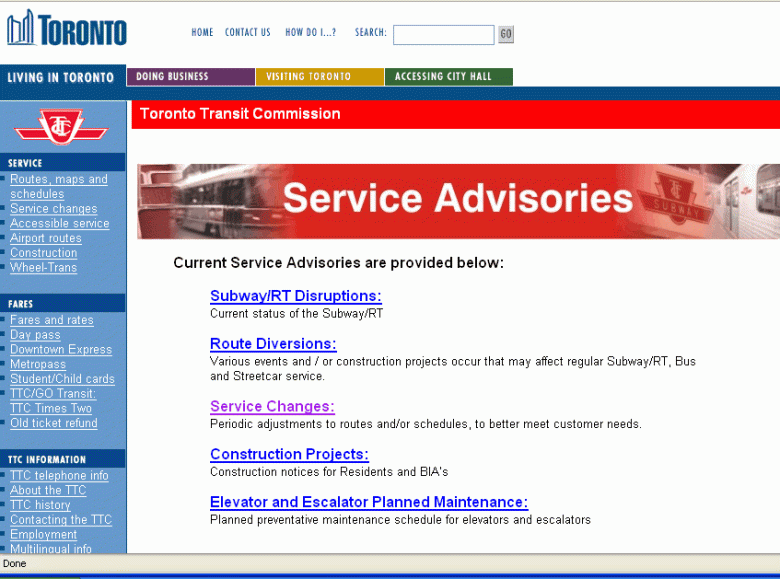 TTC service alerts menu on City of Toronto site