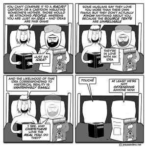 A cartoon shows four panels of Jesus and Mohammed in bed, reading and talking